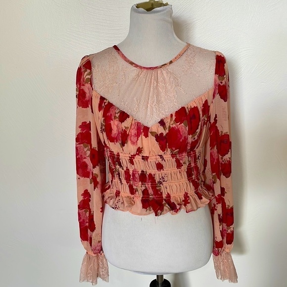 NWT Free People Daphne Floral lace long sleeve print blouse - Picture 5 of 11